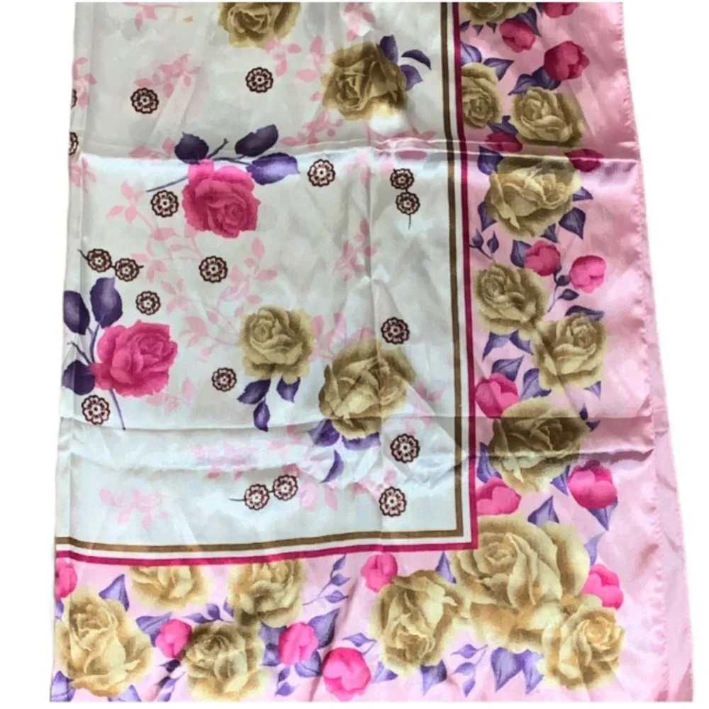 AKVO Silky Smooth Satin Floral Scarf Pink Purple White Gold Coquette Preppy